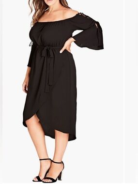 Black Off-Shoulder Belted Midi Dress